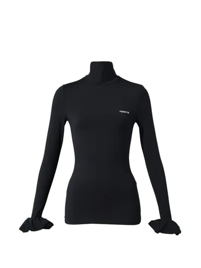 Pushbutton Scrunchie-sleeve Jersey Top In Black