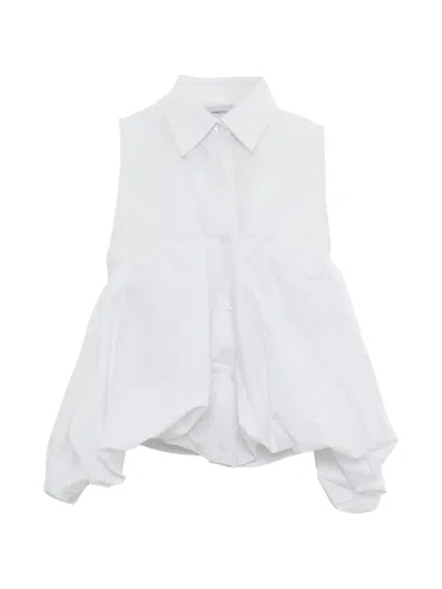 Pushbutton Sleeveless Gathered Blouse In White