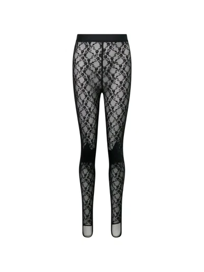Pushbutton Star-patch Floral-lace Tights In Black