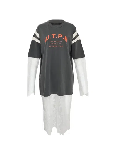 Pushbutton Stripe-detail Lace-layer T-shirt In Gray