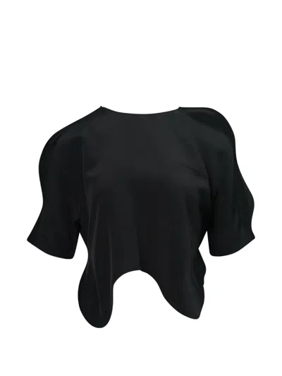 Pushbutton Wavy-hem Short-sleeve Blouse In Black