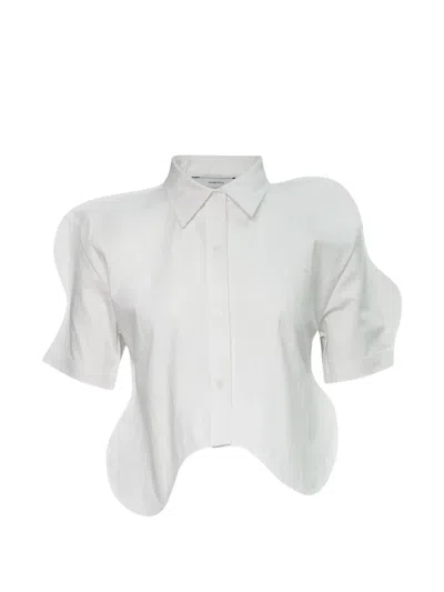 Pushbutton Wavy-hem Short-sleeve Shirt In White
