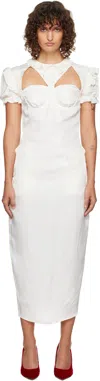 Pushbutton White Cutout Point Frill Midi Dress In White