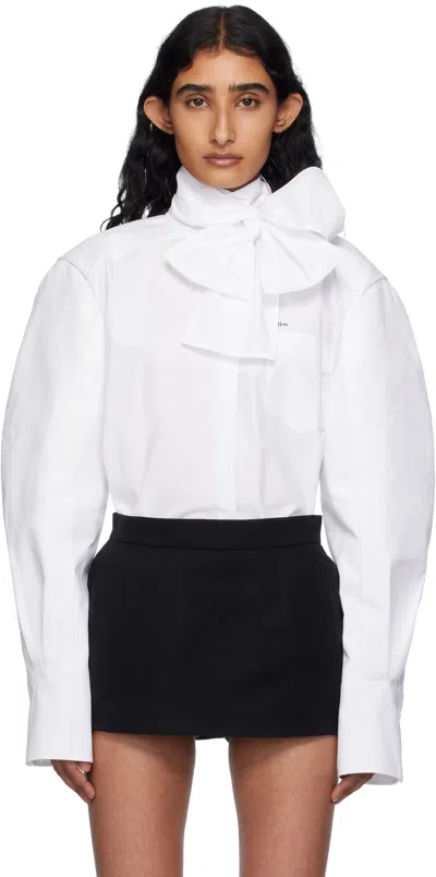 Pushbutton White Neck Ribbon Tie Blouse