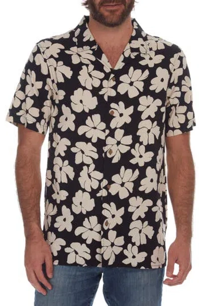 Px Floral Print Seersucker Camp Shirt In Black