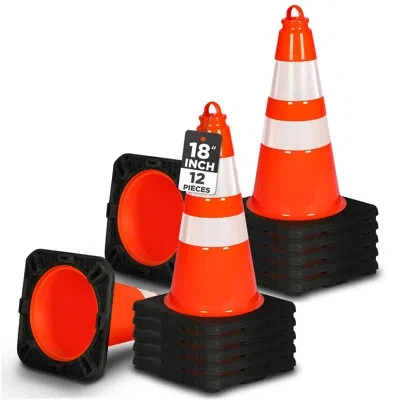 Pyle 18-inch Safety Traffic Cones, 12-pack Orange Parking Cones With Reflective Collars, Stackable Pvc Co