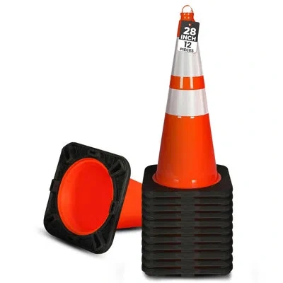 Pyle "28 Inch Pvc Traffic Safety Cones – Set Of 12 High Visibility Orange Cones, Durable And Structurally
