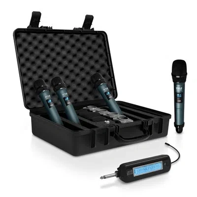 Pyle 4 Channel Wireless Microphone System, Portable Uhf Band Receiver System, Independent Channel Control In Black