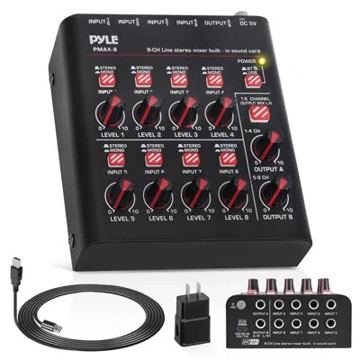 Pyle 8-channel Wireless Bt Streaming Mini Line Mixer With Usb Audio Interface - 8 Mono/stereo Switching I In Black