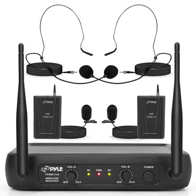 Pyle Dual Channel Wireless Microphone System - Vhf Fixed Dual Frequency Wireless Mic Receiver Set With 2  In Black