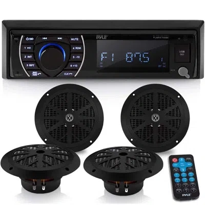 Pyle Marine Head Unit Receiver Speaker Kit - In-dash Lcd Digital Stereo Built-in Bluetooth & Microphone W In Black