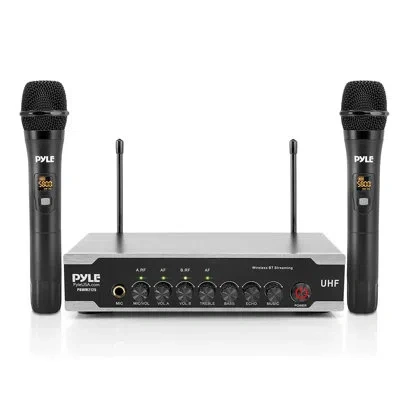 Pyle Portable Uhf Wireless Microphone System - Battery Operated Dual Bluetooth Cordless Microphone Set, I In Black