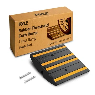 Pyle Rubber Curb Ramp For Driveway – 1 Ft. Heavy Duty Non-slip Waterproof Vehicle Ramp With Yellow Reflec