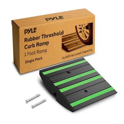 Pyle Rubber Threshold Curb Ramp For Driveway - Heavy Duty Non-slip Ramp For Vehicles - Green Reflective S