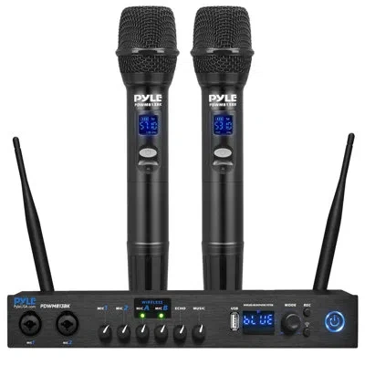 Pyle Uhf Wireless Microphone System - Portable Digital Audio Sound Mixer Receiver W/bluetooth, 2 Handheld In Black