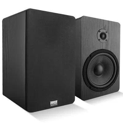 Pyle Usa Home Theater Wooden Bookshelf Speakers - Wall-mountable With 0.75'' Silk Dome Tweeter And Alumin In Black
