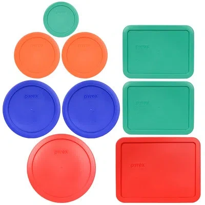 Pyrex (1) 7202-pc Green, (2) 7200-pc Orange, (2) 7201-pc Blue, (1) 7402-pc Red, (2) 7210-pc Green, And (1)