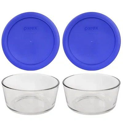 Pyrex (2) 7201 4 Cup Glass Bowls & (2) 7201-pc Lids In Cadet Blue