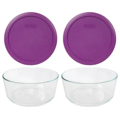 Pyrex (2) 7203 7-cup Glass Bowls & (2) 7402-pc 6/7 In Thistle Purple