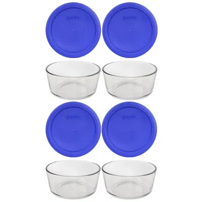 Pyrex (4) 4-cup Glass Bowls & (4) 4-cup Lids In Cadet Blue