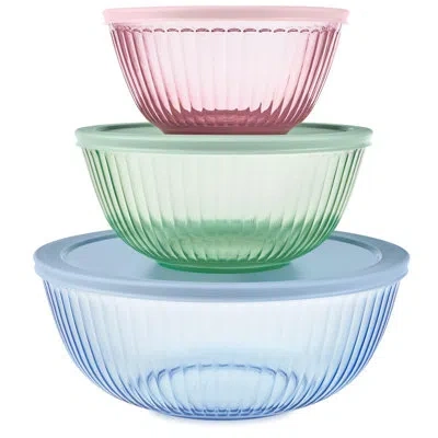 Pyrex Sculpted Tinted Glass Mixing Bowls With Lids, 3-pack, Mixed Colors In Multi