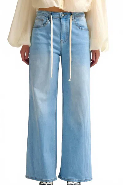 Q2 Adjustable Drawstring Waist Wide Leg Pants In Blue