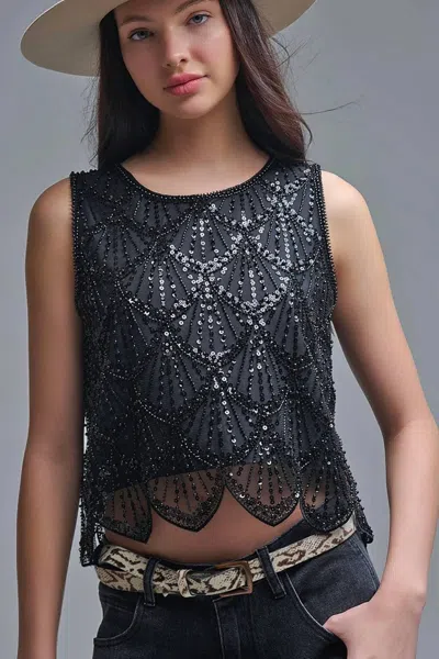 Q2 Chic Sequin Cropped Top In Black