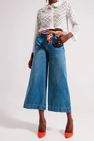 Q2 Cotton High Waisted Cropped Jeans In Mid Wash 90's In Blue