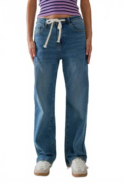 Q2 Easy Peasy Drawstring Denim Pants In Blue