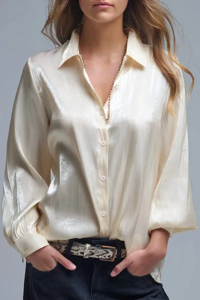 Q2 Elegant Button Up Satin Silk Top In Beige In Neutral