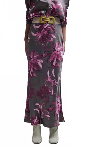 Q2 Elegant Floral Satin Midi Skirt In Gray