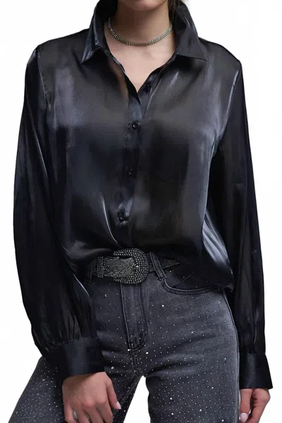 Q2 Elegant Silk Button Up Top In Black