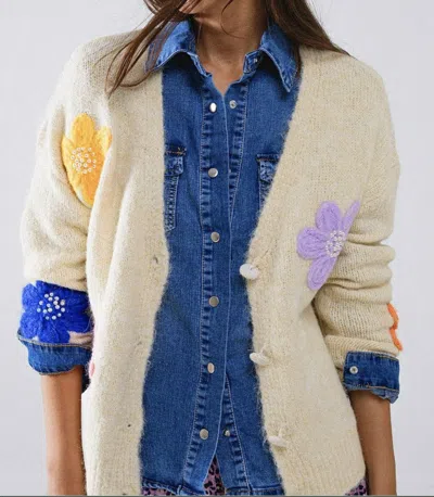 Q2 Embroidered Flowers Cardigan In Cream In Animal Print