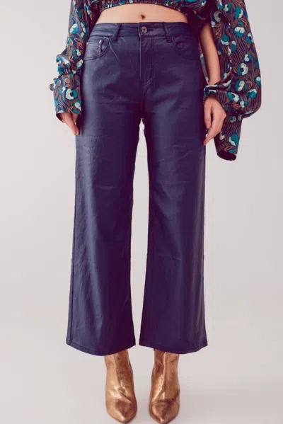 Q2 Faux Leather Wide Leg Cropped Pants In Blue