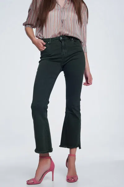 Q2 Flare Jeans With Raw Hem Edge In Khaki In Brown