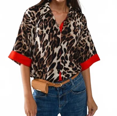 Q2 LEOPARD 3/4 SLEEVE BUTTON UP SHIRT IN BROWN