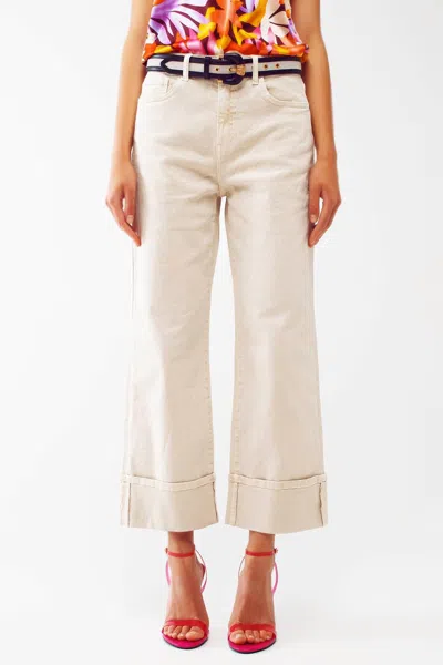Q2 Madeline Straight Leg Cuffed Jeans In Beige In Neutral
