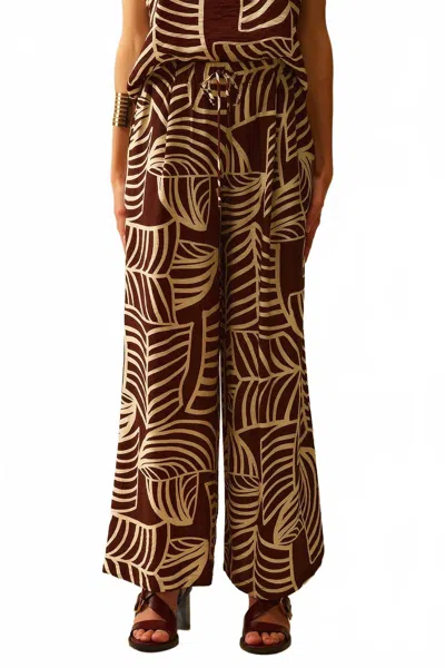 Q2 Palm Print Drawstring Wide-leg Pant In Brown