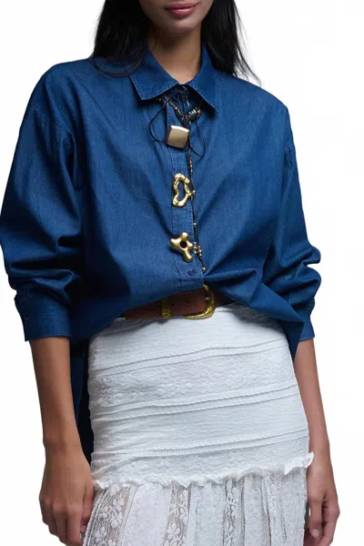 Q2 Relaxed Denim Shirt With Buttons Top In Blue