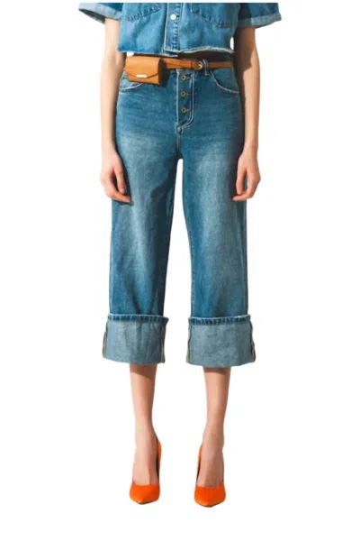 Q2 Relaxed Jeans With Rolled Hem And Exposed Buttons In Denim Blue In Multi