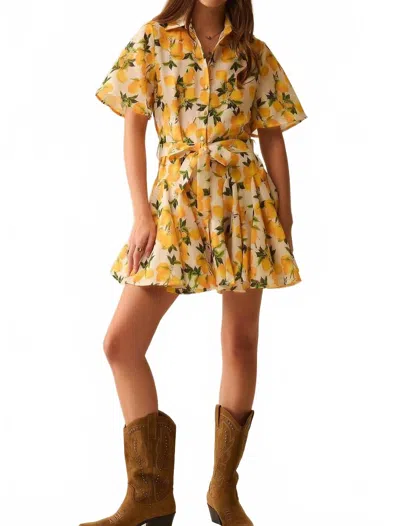 Q2 Romantic Dress With Waistband And Lemon Print And Short Sleeves In Yellow