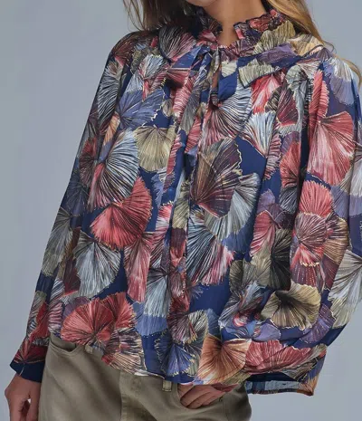 Q2 Ruffled Blouse With Metallic Palm Tree Print In Multi
