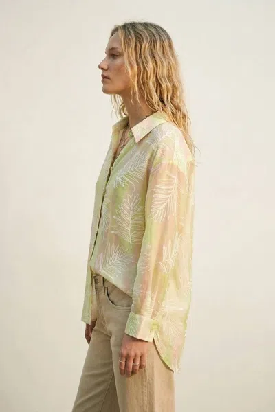 Q2 Sheer Leaf Print Button Up Shirt In Green In Neutral