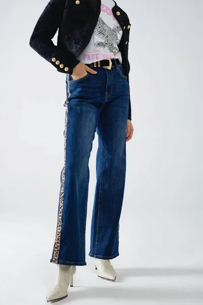 Q2 Wide Leg Jeans With Leopard Stripe On Side In Blue