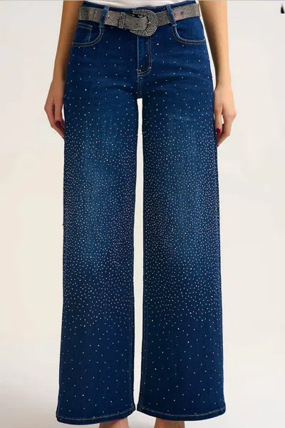 Q2 Wide Leg Jeans With Rhinestone Detailing In Blue