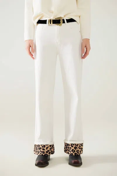 Q2 Wide Leg Pants With Leopard Print Cuff In Cream In White