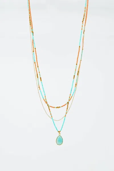 Q2 Women's 3 In 1 Necklace With Beads In Gold, Blue And Orange In Multi