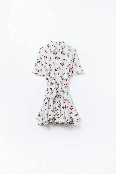 Q2 Women's Cherry Print Short Shirt Dress In White