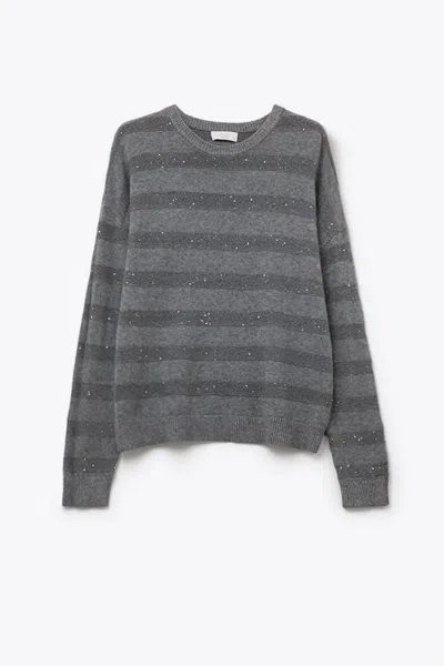 Q2 Women's Striped Knit Sweater With Sequin In Grey In Gray