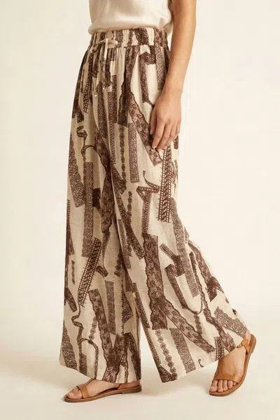 Q2 Women's Wide Leg Printed Palazzo Pants In Brown/cream